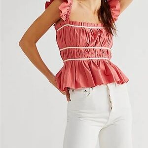 Free People Claude Corset Top Rosette Pink Pleated Ruffle Square Neck